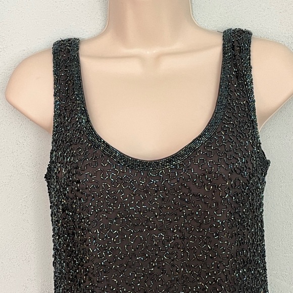 Vintage 80’s Silk Allover BEADED DRESS Shimmer Low Back Sleeveless Black Green 4 - Picture 2 of 14